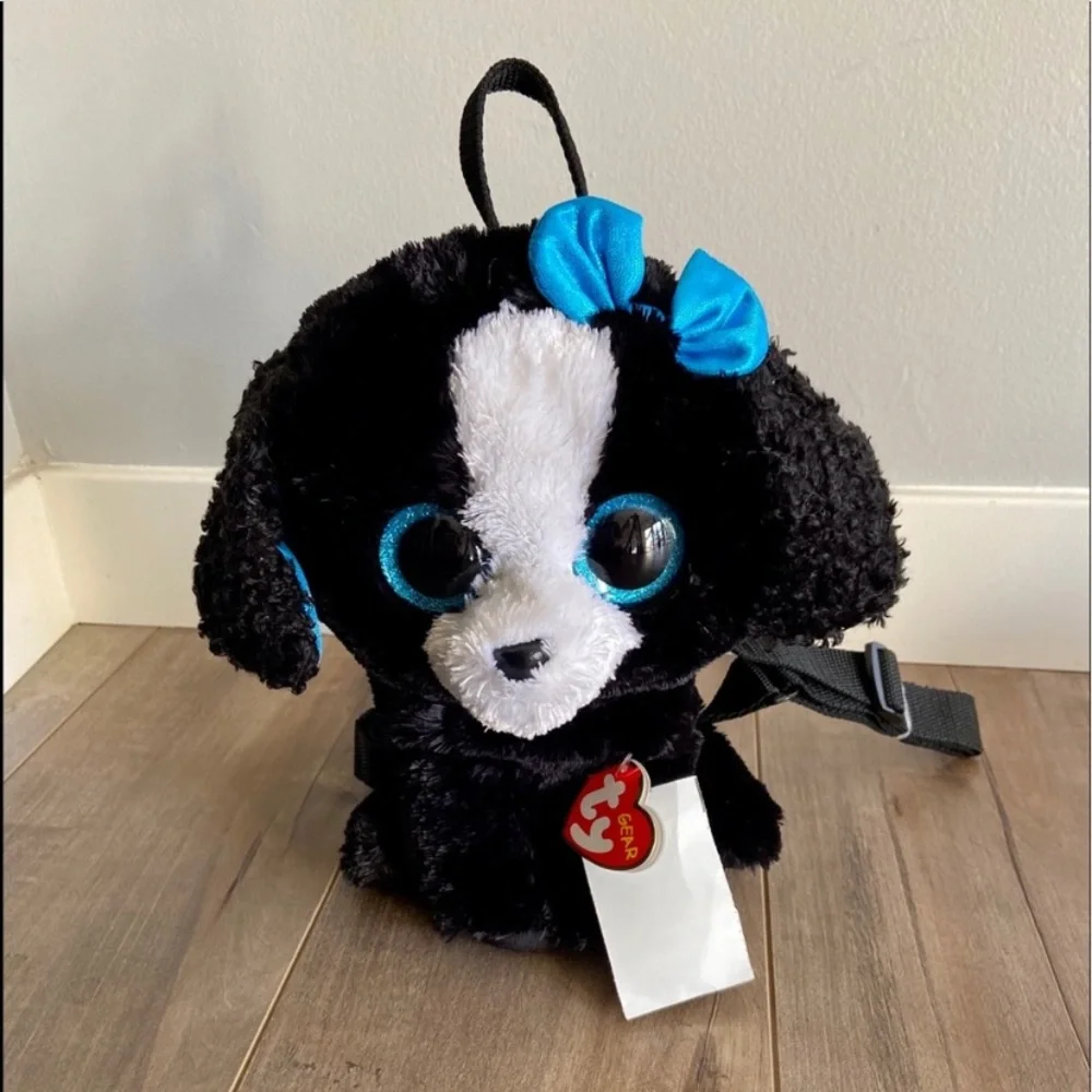 Ty Tracey Black & White Poodle with Blue Bow Backpack